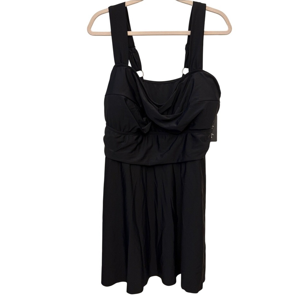 Aqua Eve Black Draped Swimdress with Wide Straps Size 22W  NWT
